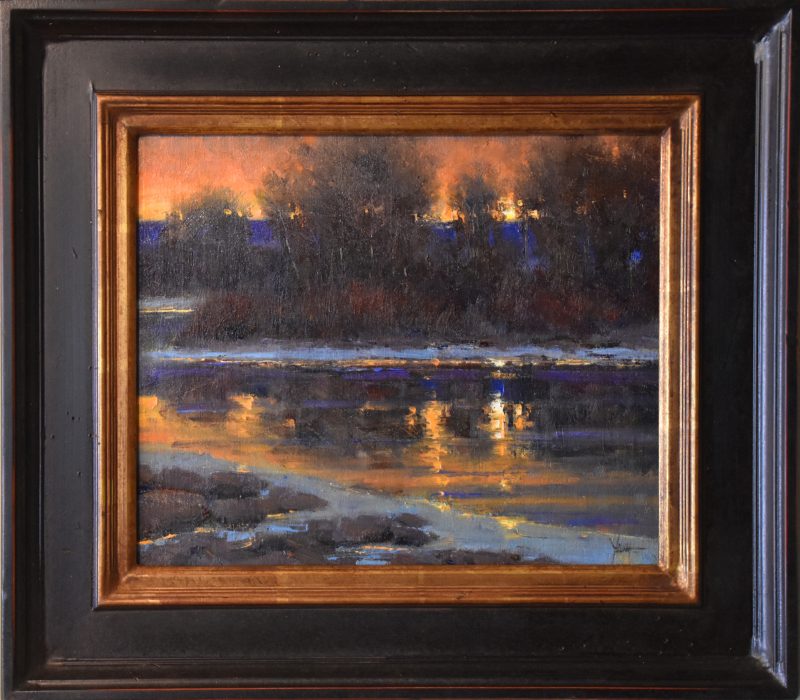 Dan Young A February Sunrise snow lake pond river stream trees Colorado landscape oil painting framed