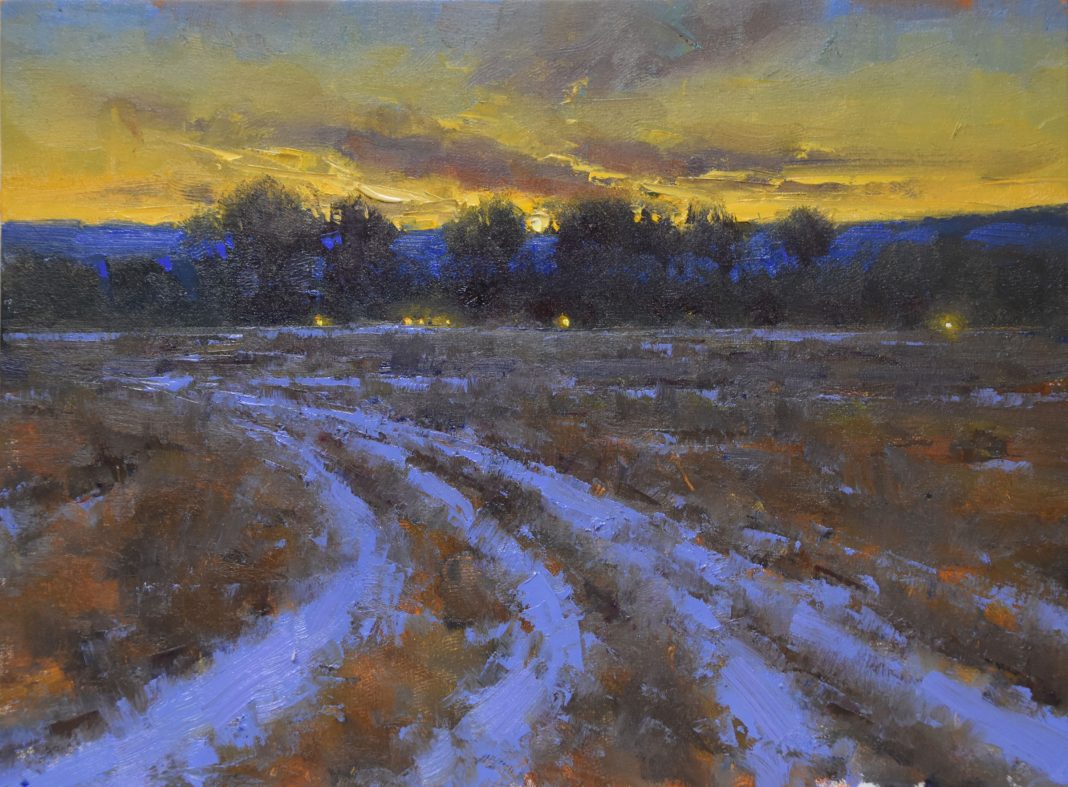 Dan Young The Road Home tire tracks in snow trees Colorado landscape oil painting