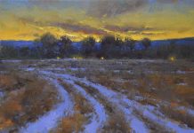 Dan Young The Road Home tire tracks in snow trees Colorado landscape oil painting