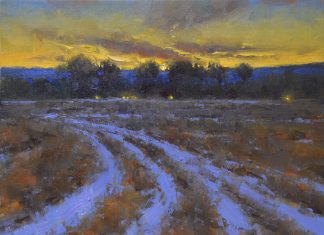 Dan Young The Road Home tire tracks in snow trees Colorado landscape oil painting