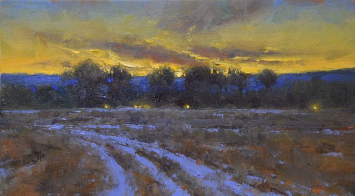 “The Road Home” Dan Young Dan Young The Road Home tire tracks in snow trees Colorado landscape oil painting