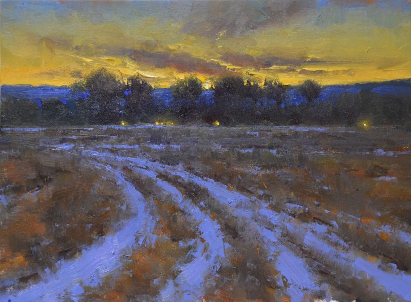 Dan Young The Road Home tire tracks in snow trees Colorado landscape oil painting