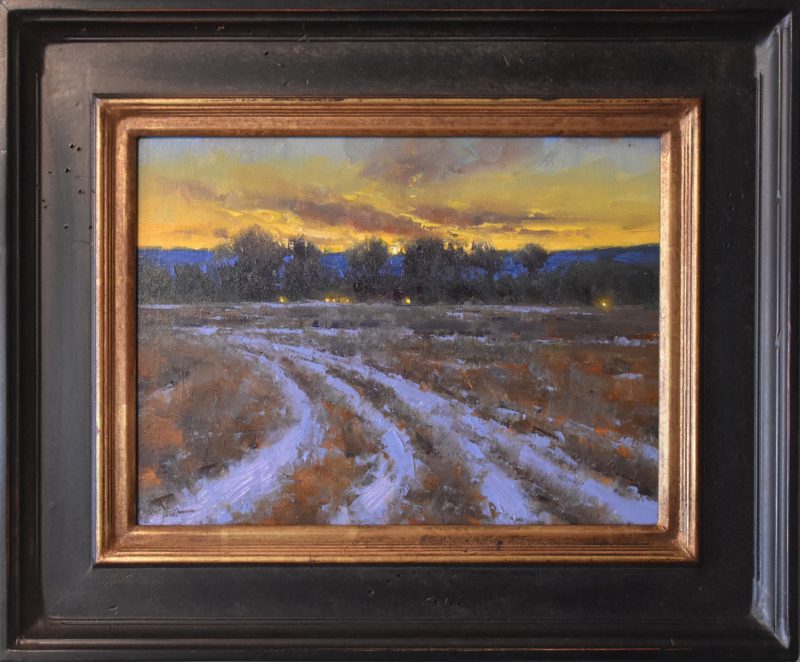 Dan Young The Road Home tire tracks in snow trees Colorado landscape oil painting