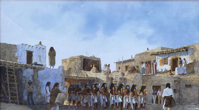 David Halbach Angkachina Longhair Native American ceremony pueblo dancer watercolor western painting