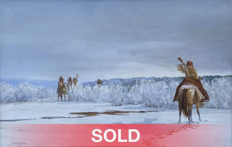 David Halbach Even Off rifle Native American Indian trapper mountain man snow landscape western watercolor painting sold