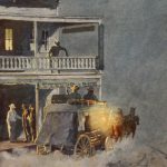 David Halbach Night Stage To Tucson lamp light western stage coach watercolor painting sold