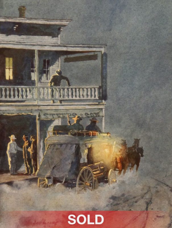 David Halbach Night Stage To Tucson lamp light western stage coach watercolor painting sold