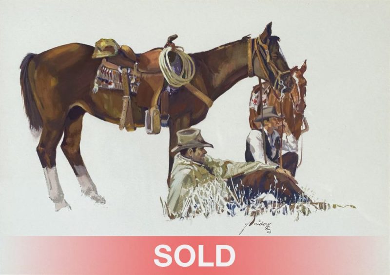 Gordon Snidow Down Time cowboy resting laying in grass saddle horse western gouache oil painting sold