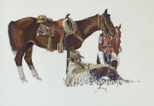 Gordon Snidow Down Time cowboy resting laying in grass saddle horse western gouache oil painting