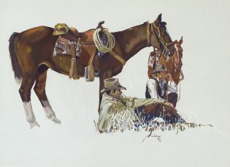 Gordon Snidow Down Time cowboy resting laying in grass saddle horse western gouache oil painting