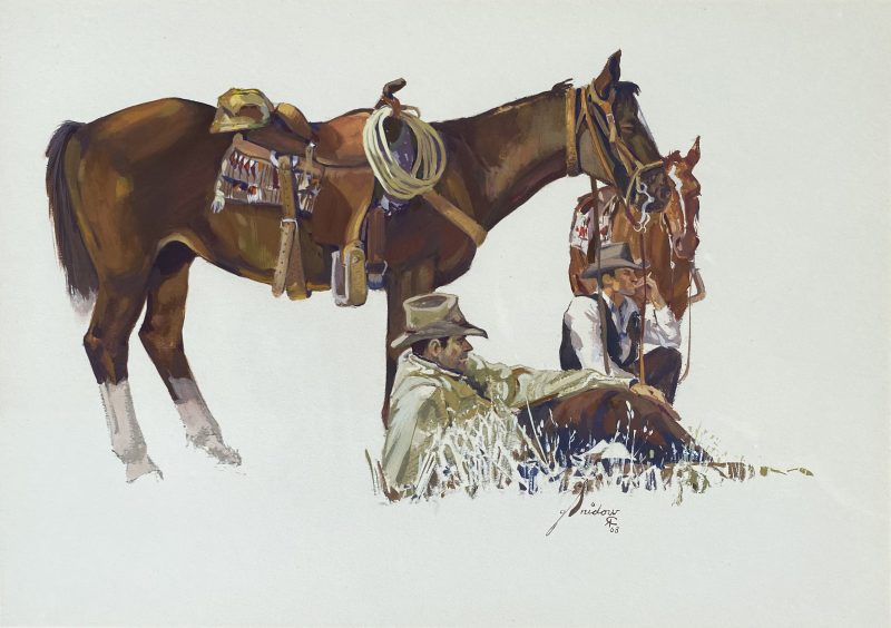 Gordon Snidow Down Time cowboy resting laying in grass saddle horse western gouache oil painting