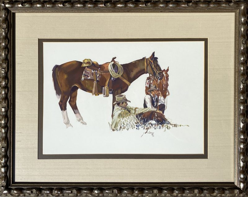 Gordon Snidow Down Time cowboy resting laying in grass saddle horse western gouache oil painting framed