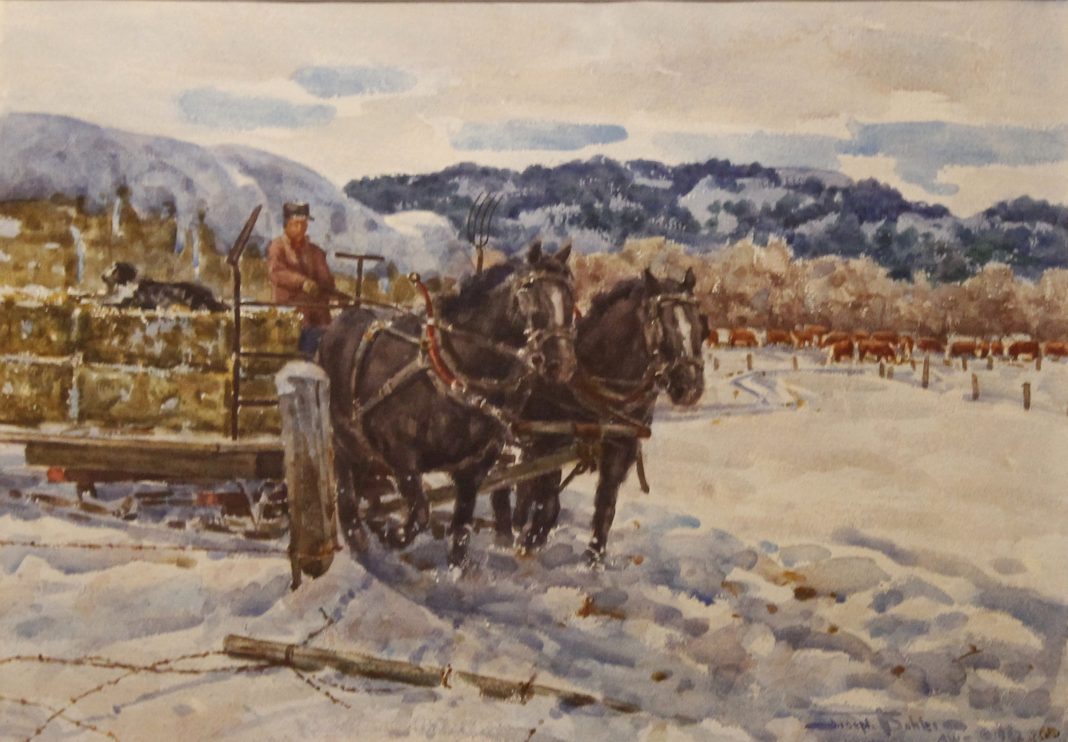 Joseph Bohler Feeding Time In The Bitterroots horses wagon hay snow mountains watercolor painting