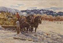 Joseph Bohler Feeding Time In The Bitterroots horses wagon hay snow mountains watercolor painting