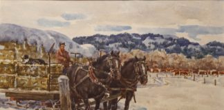 Joseph Bohler Feeding Time In The Bitterroots horses wagon hay snow mountains watercolor painting
