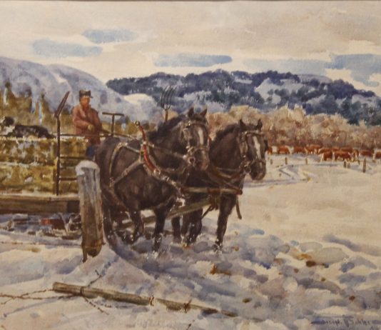 Joseph Bohler Feeding Time In The Bitterroots horses wagon hay snow mountains watercolor painting