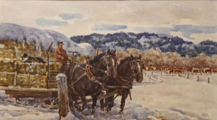 Joseph Bohler Feeding Time In The Bitterroots horses wagon hay snow mountains watercolor painting