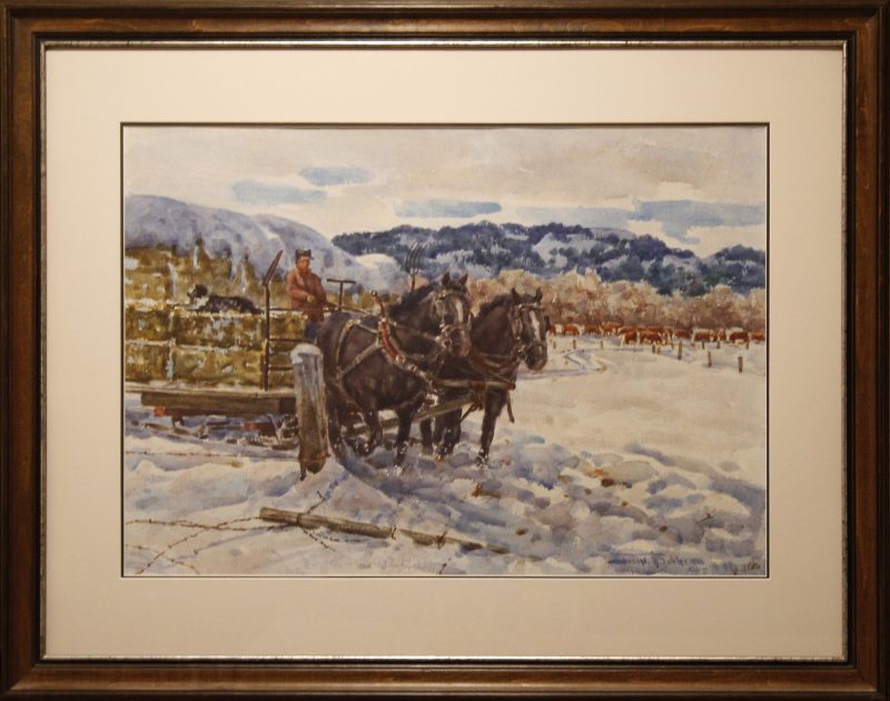 Joseph Bohler Feeding Time In The Bitterroots horses wagon hay snow mountains watercolor painting framed