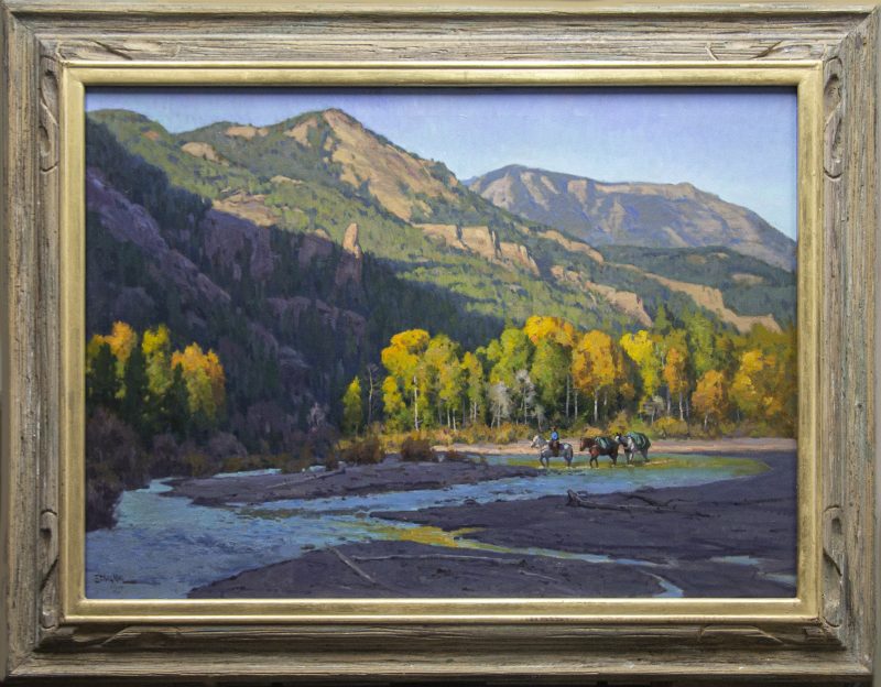 Phil Starke Morning Shadows, Shoshone River cowboy horses stream mountains western oil painting framed