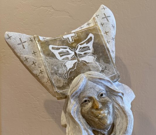 Alvin Marshall On The Wings Of Butterflies Native American Indian woman dance headdress western Utah gold alabaster sculpture