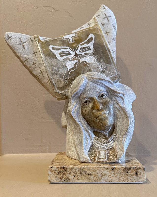Alvin Marshall On The Wings Of Butterflies Native American Indian woman dance headdress western Utah gold alabaster sculpture