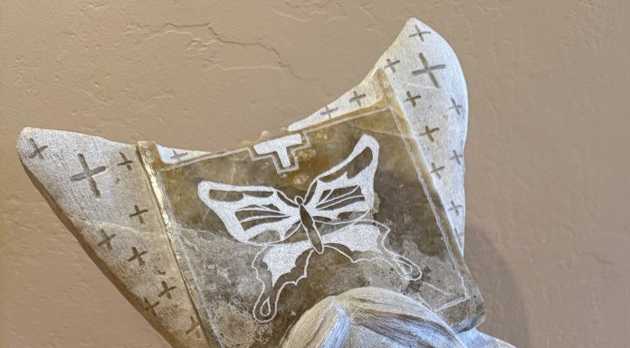 “On Wings Of Butterflies” Alvin Marshall Alvin Marshall On The Wings Of Butterflies Native American Indian woman dance headdress western Utah gold alabaster sculpture