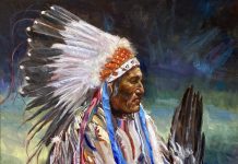 Guadalupe Apodaca Contemplating Chief Native American warrior headdress eagle feather western oil painting