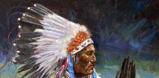 Guadalupe Apodaca Contemplating Chief Native American warrior headdress eagle feather western oil painting