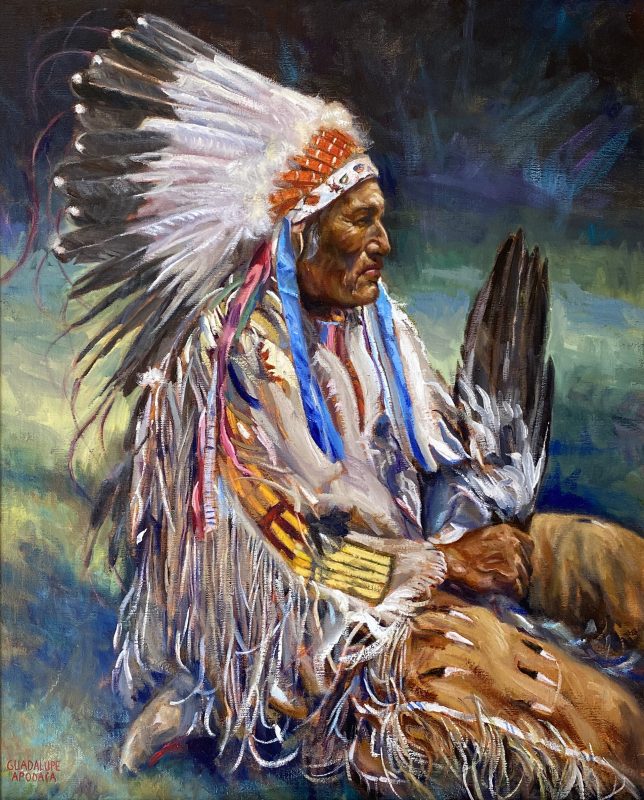 Guadalupe Apodaca Contemplating Chief Native American warrior headdress eagle feather western oil painting