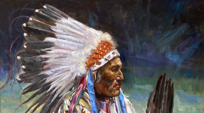 Guadalupe Apodaca Contemplating Chief Native American warrior headdress eagle feather western oil painting