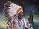 Guadalupe Apodaca Contemplating Chief Native American warrior headdress eagle feather western oil painting