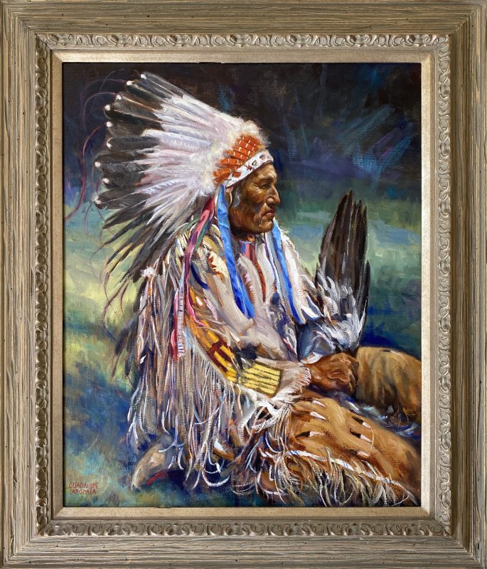 Guadalupe Apodaca Contemplating Chief Native American warrior headdress eagle feather western oil painting framed