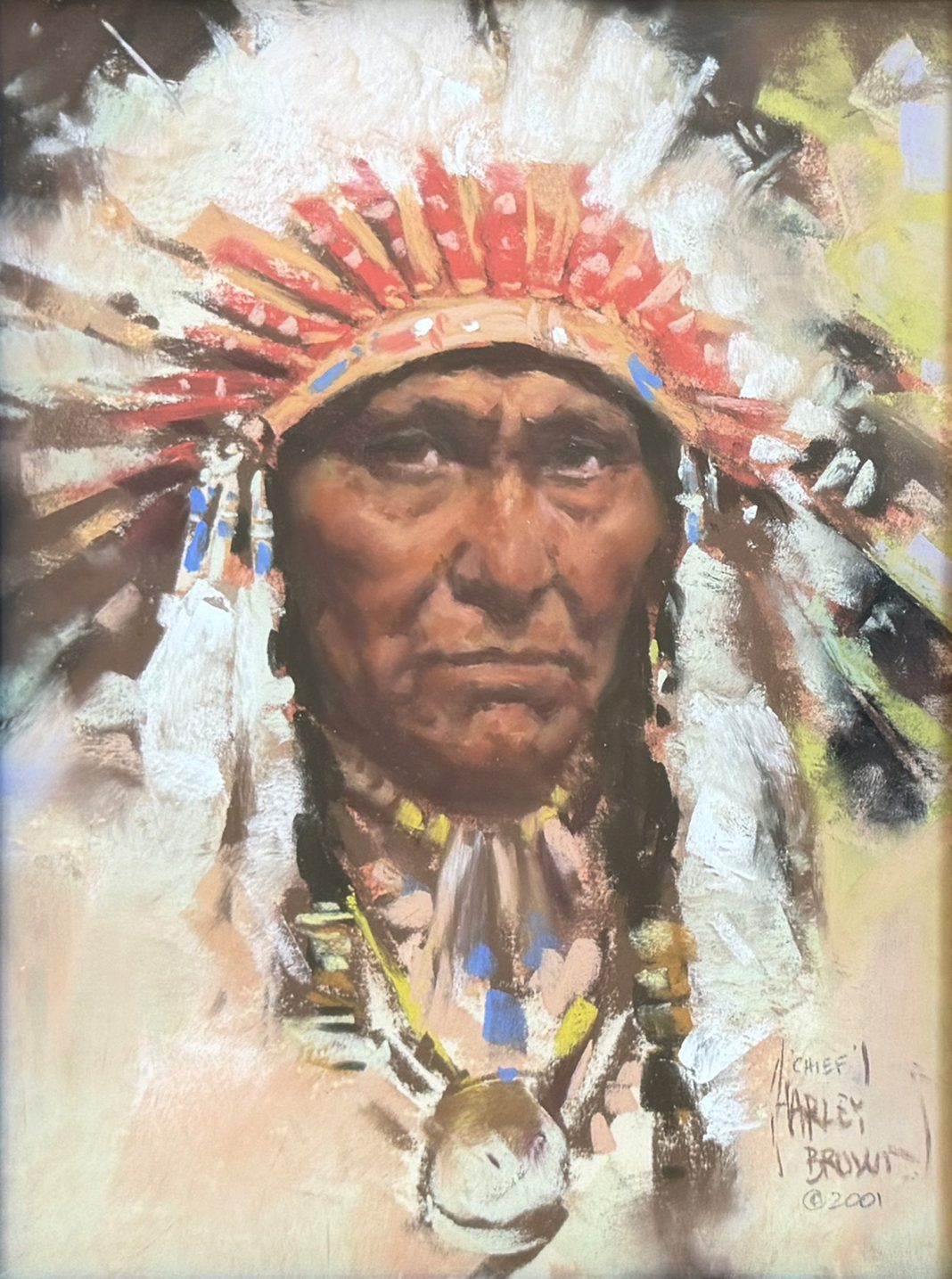Harley Brown Chief Native American Indian portrait headdress leader pastel western painting