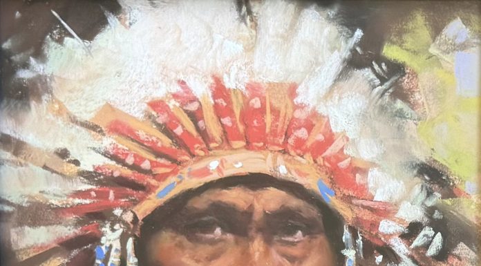“Chief” Harley Brown Harley Brown Chief Native American Indian portrait headdress leader pastel western painting