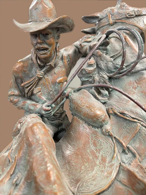 Curt Mattson Too Close For Comfort cowboy horse bull longhorn equine western bronze scultpure close up