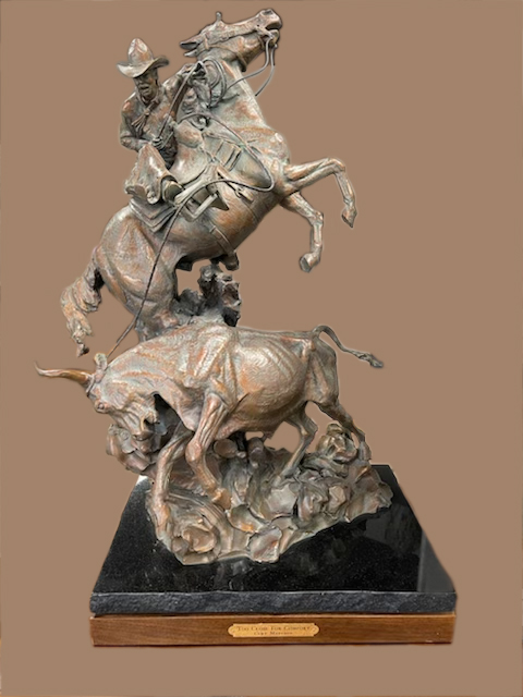 Curt Mattson Too Close For Comfort cowboy horse equine bull cow western bronze sculpture