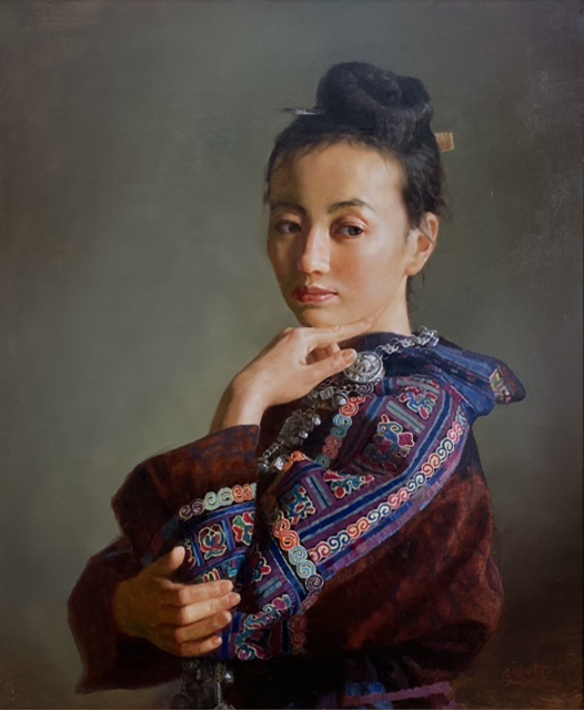 Jie Wei Zhou Morning Contemplation woman girl female portrait Asian Chinese China oil painting