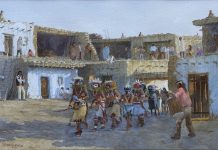 David Halbach Even Off watercolor western painting Native American Indians dance worship ceremony ceremonial
