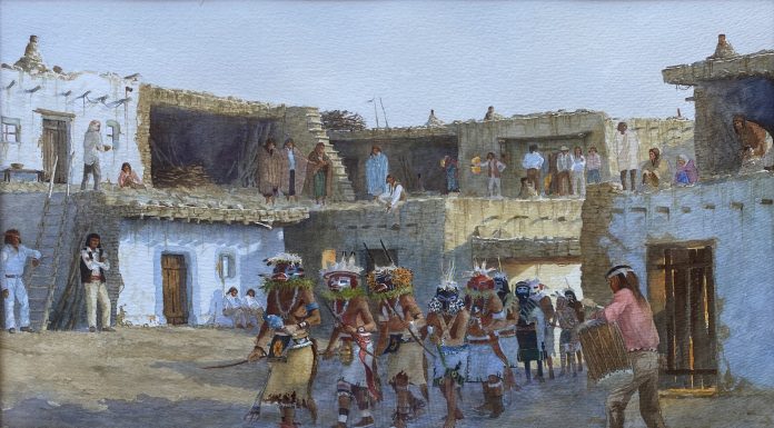 David Halbach Even Off watercolor western painting Native American Indians dance worship ceremony ceremonial