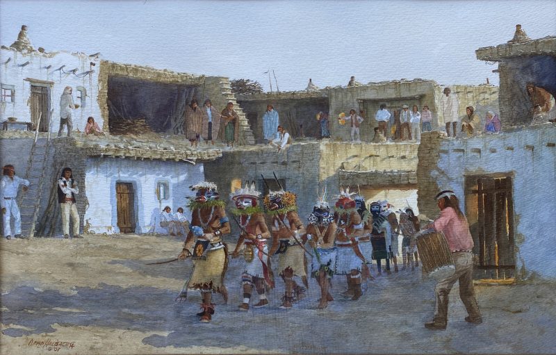 David Halbach Even Off watercolor western painting Native American Indians dance worship ceremony ceremonial