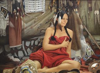 Ed Copley Morning Reflections Native American woman female squaw tent western oil painting