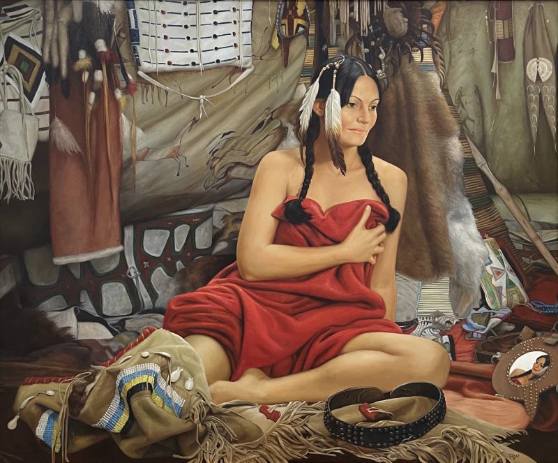 Ed Copley Morning Reflections Native American woman female squaw tent western oil painting