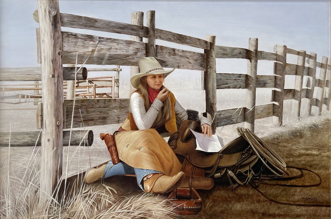 Ed Copley Writing Back Home cowgirl corral ranch farm western oil painting