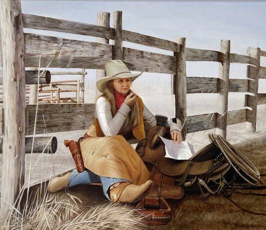Ed Copley Writing Back Home cowgirl corral ranch farm western oil painting