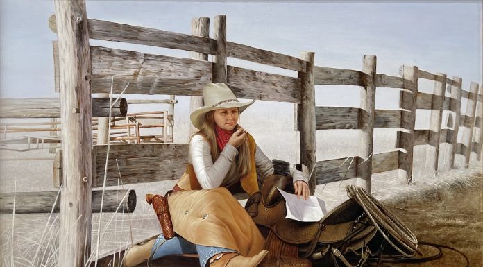 Ed Copley Writing Back Home cowgirl corral ranch farm western oil painting