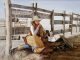 Ed Copley Writing Back Home cowgirl corral ranch farm western oil painting