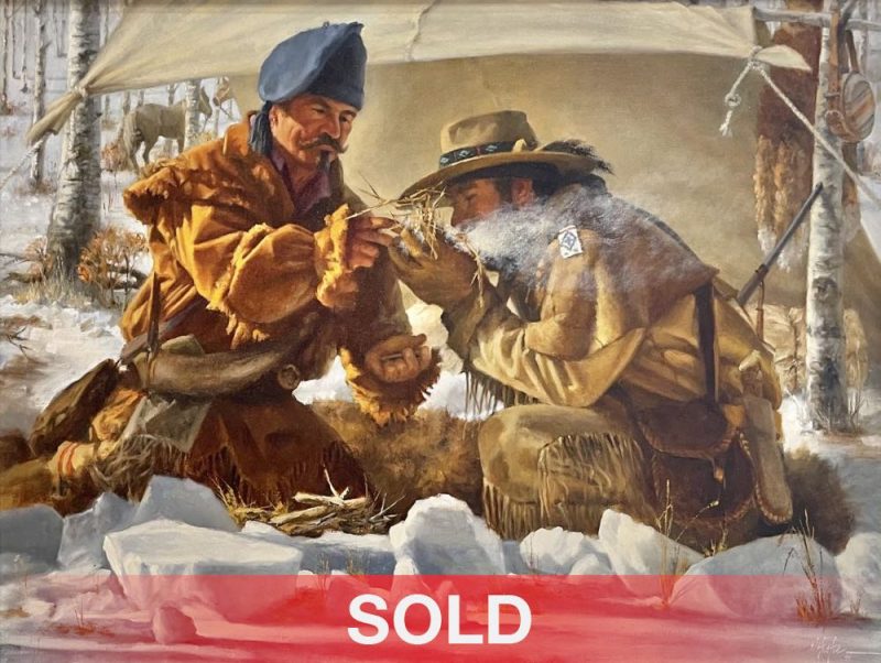 Jay Hester Ways of the Wilderness mountain man trapper snow fire western oil painting sold