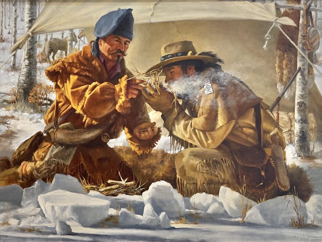 Jay Hester Ways of the Wilderness mountain man trapper snow fire western oil painting