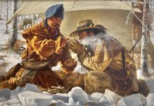 Jay Hester Ways of the Wilderness mountain man trapper snow fire western oil painting