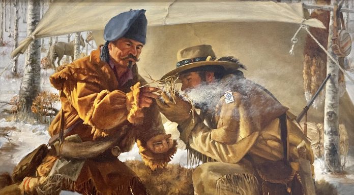 Jay Hester Ways of the Wilderness mountain man trapper snow fire western oil painting